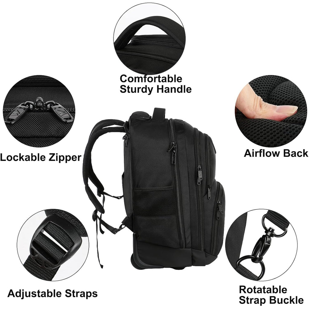 Matein Rolling Backpack, 17 Inch Water Resistant Wheeled Laptop Backpack | Carry On Luggage Business Bag, Large Capacity, Overnight College Computer Bag, Trolley Suitcase For Men Women, Travel, Black