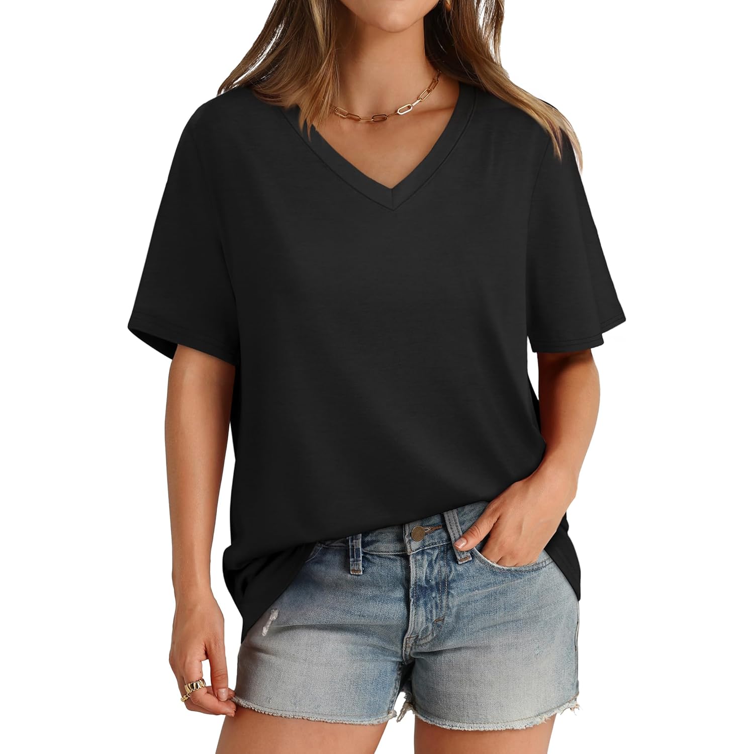 Womens V Neck Short Sleeve T Shirts Summer Tops 2026 Casual Loose Tees Trending Now S-4XL