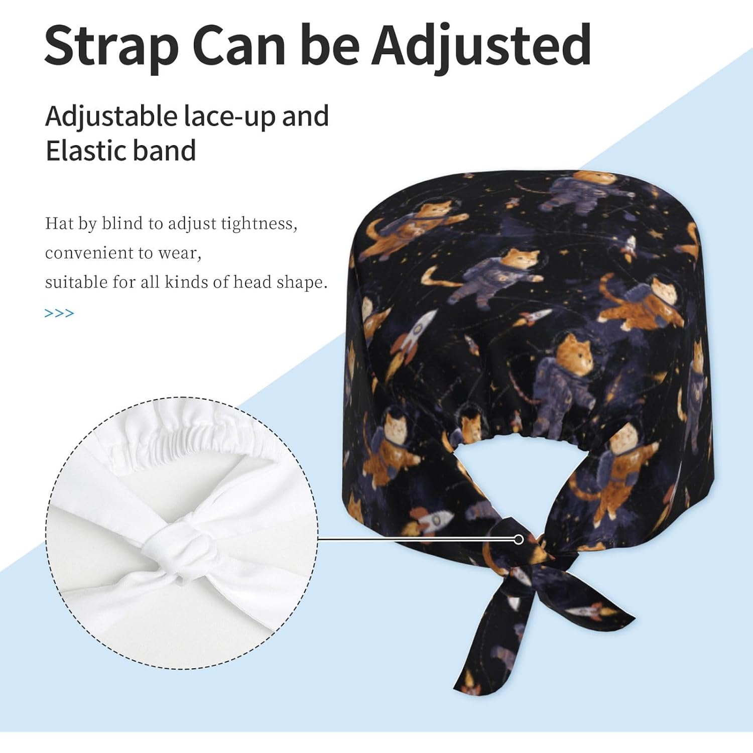Van Gogh-Style Black Cat Working Cap, Scrub Cap With Sweatband, Adjustable Tie Back Hat Breathable Headgear For Women/Men