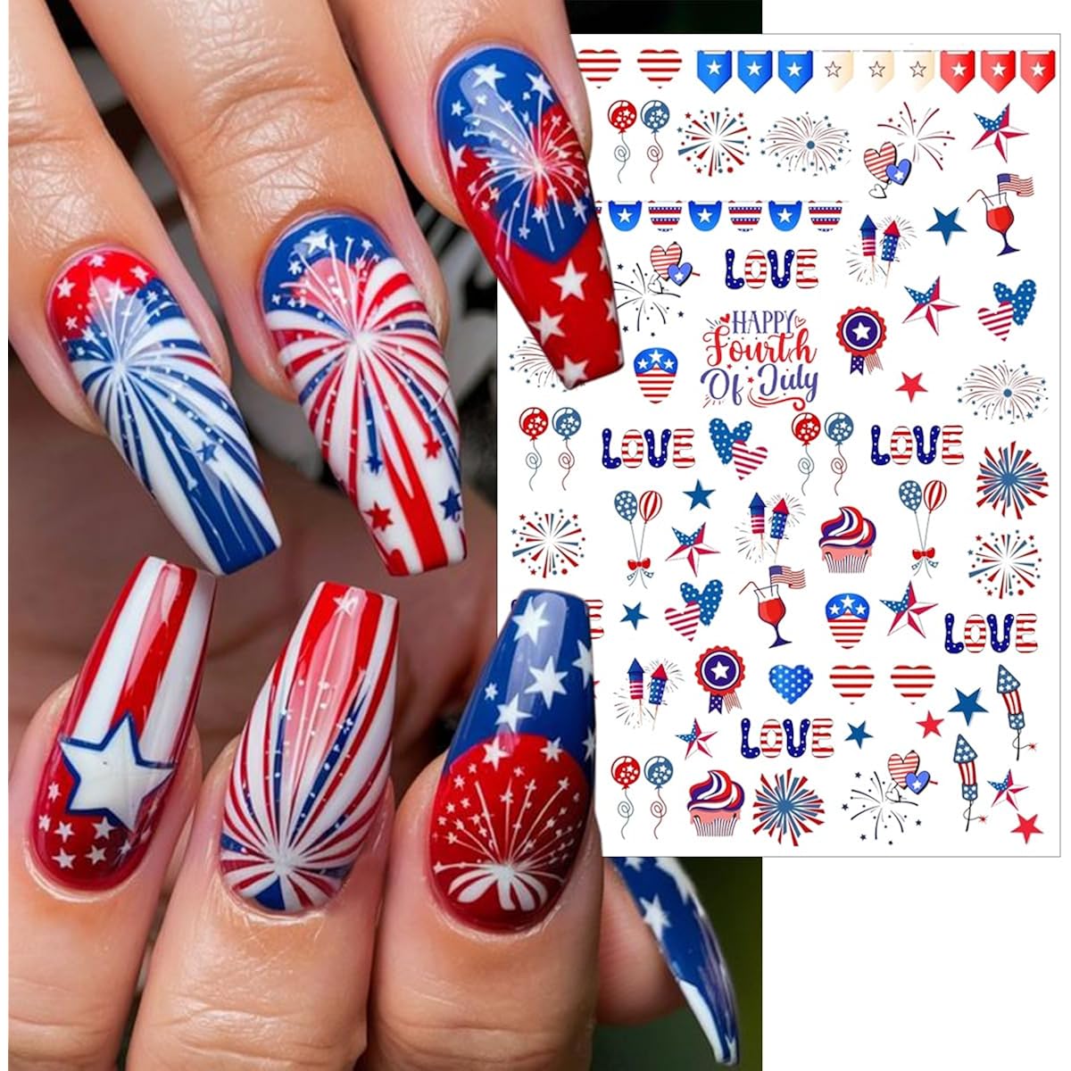 6 Sheets 4th of July Nail Stickers for Nail Art 3D Self Adhesive Independence Day Nail Art Stickers American Flag Stars Letters Fireworks Nail Decals Fourth of July Design Sticker for Women