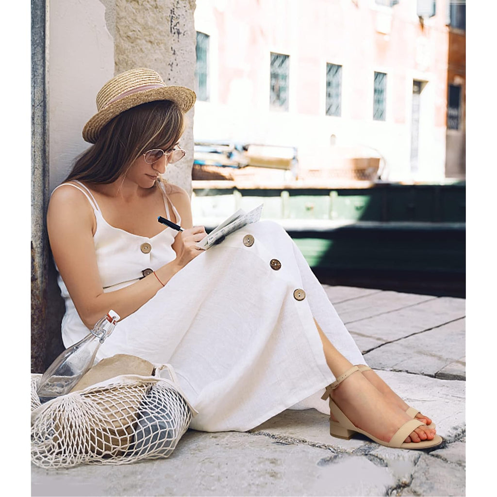 Ankis Black Nude White Gold Women Sandals Comfortable Walking Strappy Open Toe Sandals For Women Dressy Summer 1 Inch Low Block Heel Flat Adjustable Ankle Strap Shoes