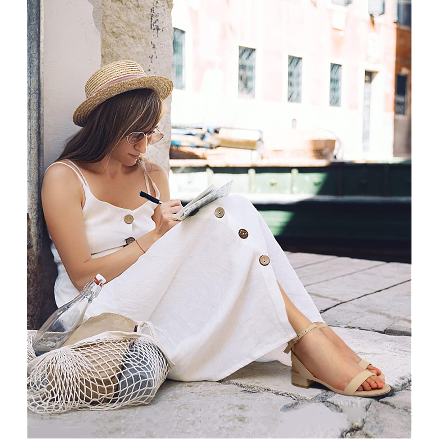 Ankis Black Nude White Gold Women Sandals Comfortable Walking Strappy Open Toe Sandals For Women Dressy Summer 1 Inch Low Block Heel Flat Adjustable Ankle Strap Shoes
