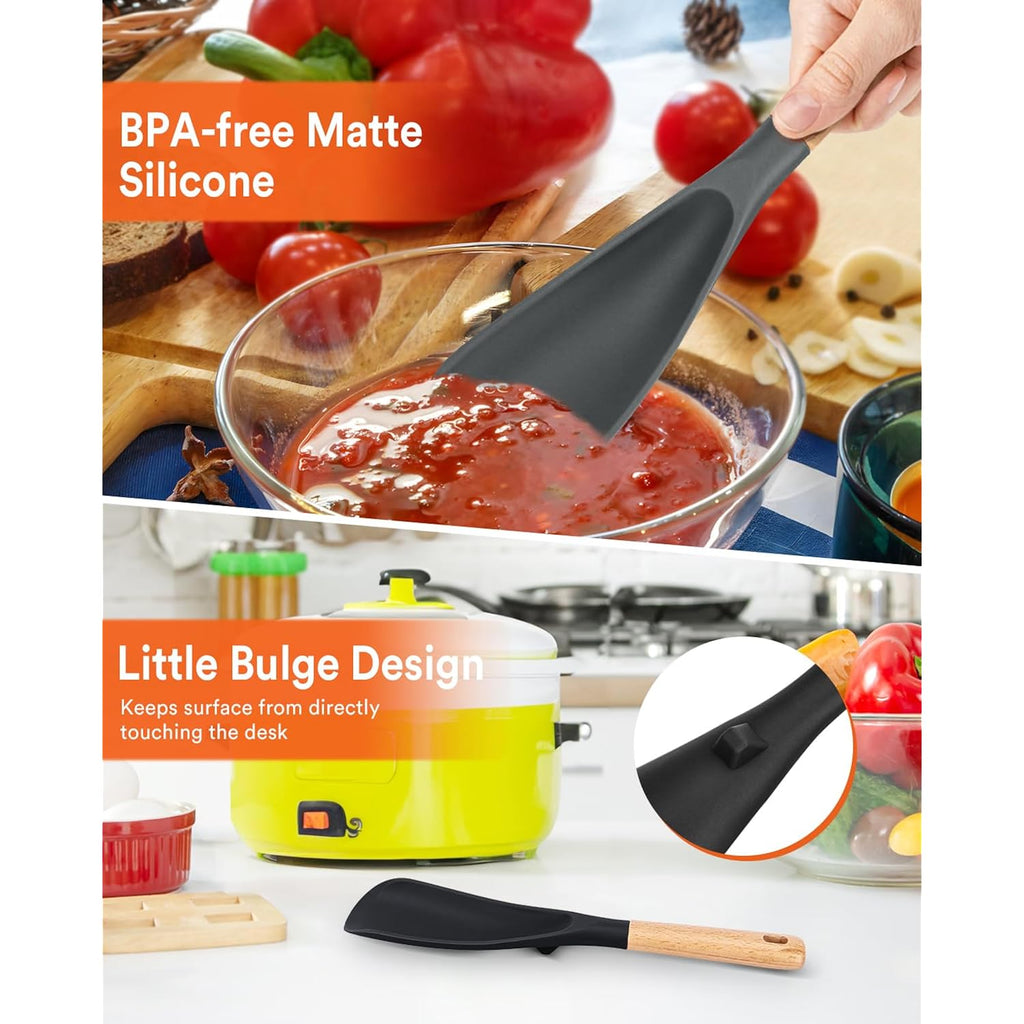 Cooking Spoon For Nonstick Cookwares, Great For Cooking And Serving Sturdy Bpa-Free Matte Silicone, Wood Handle Spoon For Mixing, Scoop, And Scrape (Black & Grey, 11.4 Inch)