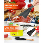 Cooking Spoon For Nonstick Cookwares, Great For Cooking And Serving Sturdy Bpa-Free Matte Silicone, Wood Handle Spoon For Mixing, Scoop, And Scrape (Black & Grey, 11.4 Inch)