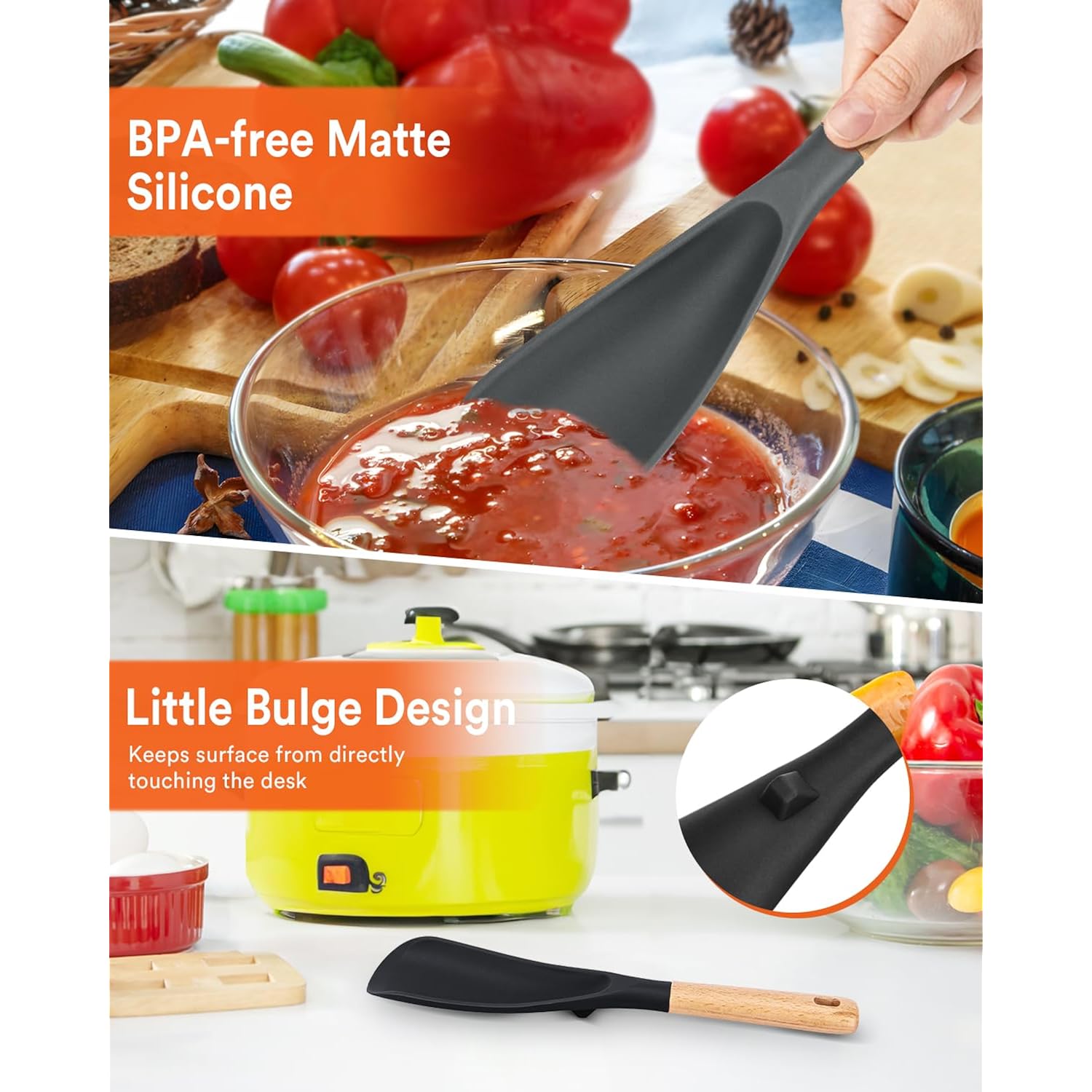 Cooking Spoon For Nonstick Cookwares, Great For Cooking And Serving Sturdy Bpa-Free Matte Silicone, Wood Handle Spoon For Mixing, Scoop, And Scrape (Black & Grey, 11.4 Inch)
