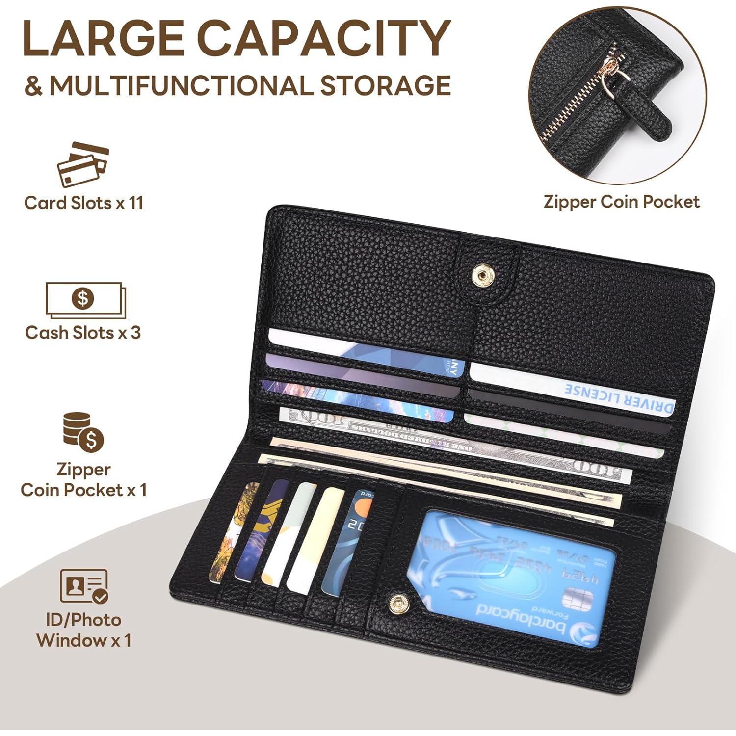 Womens Wallet, Extra Slim RFID Wallets, Leather Bifold Clutch Billfold Purse, with 11 Card Slots & ID Window, Cute Credit Card Holder Purse for Ladies Girls (Black)