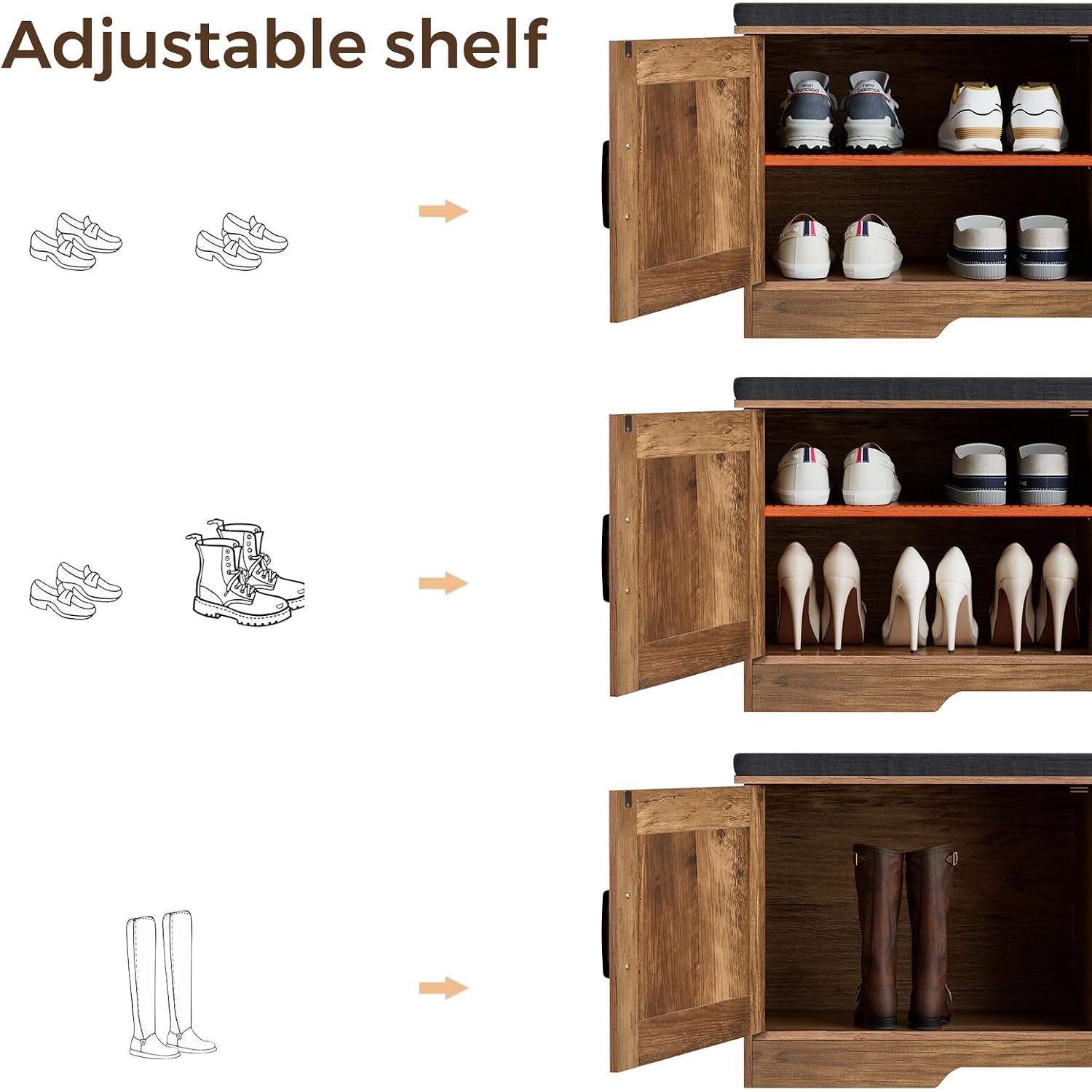 Homsho Farmhouse Shoe Storage Bench With 4 Barn Doors & Padded Seat Cushion | 47.2" Wide Entryway Bench With Adjustable Shelves & Hidden Storage, Rustic Walnut