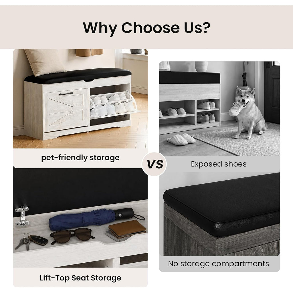 39" Shoe Storage Bench With Seat Cushion, Wood, Ash White | 8-Pair Shoe Capacity, 2 Doors, Comfortable Seating, Space-Saving, Narrow Entryway Bench Ideal For Foyer, 330 Lb Capacity