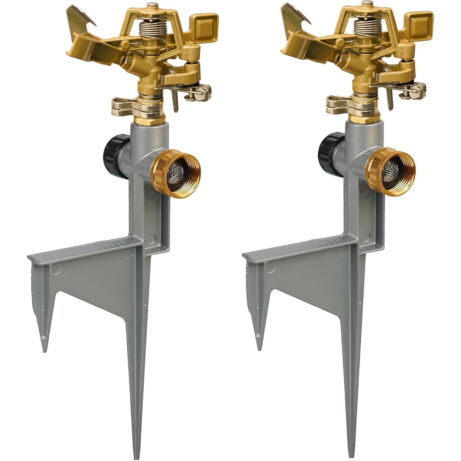 Liulo Tool 2 Pack Zinc Alloy Impact Sprinklers For Yard, Stainless Steel Pulsating Water Sprinkler Head On Spike Base, Adjustable Water Sprinklers For Large Area Patio Lawn Garden Irrigation
