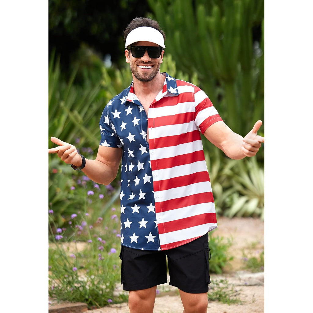 Men American Flag Button Shirt 4Th Of July Short Sleeve Shirts (S-3Xl)