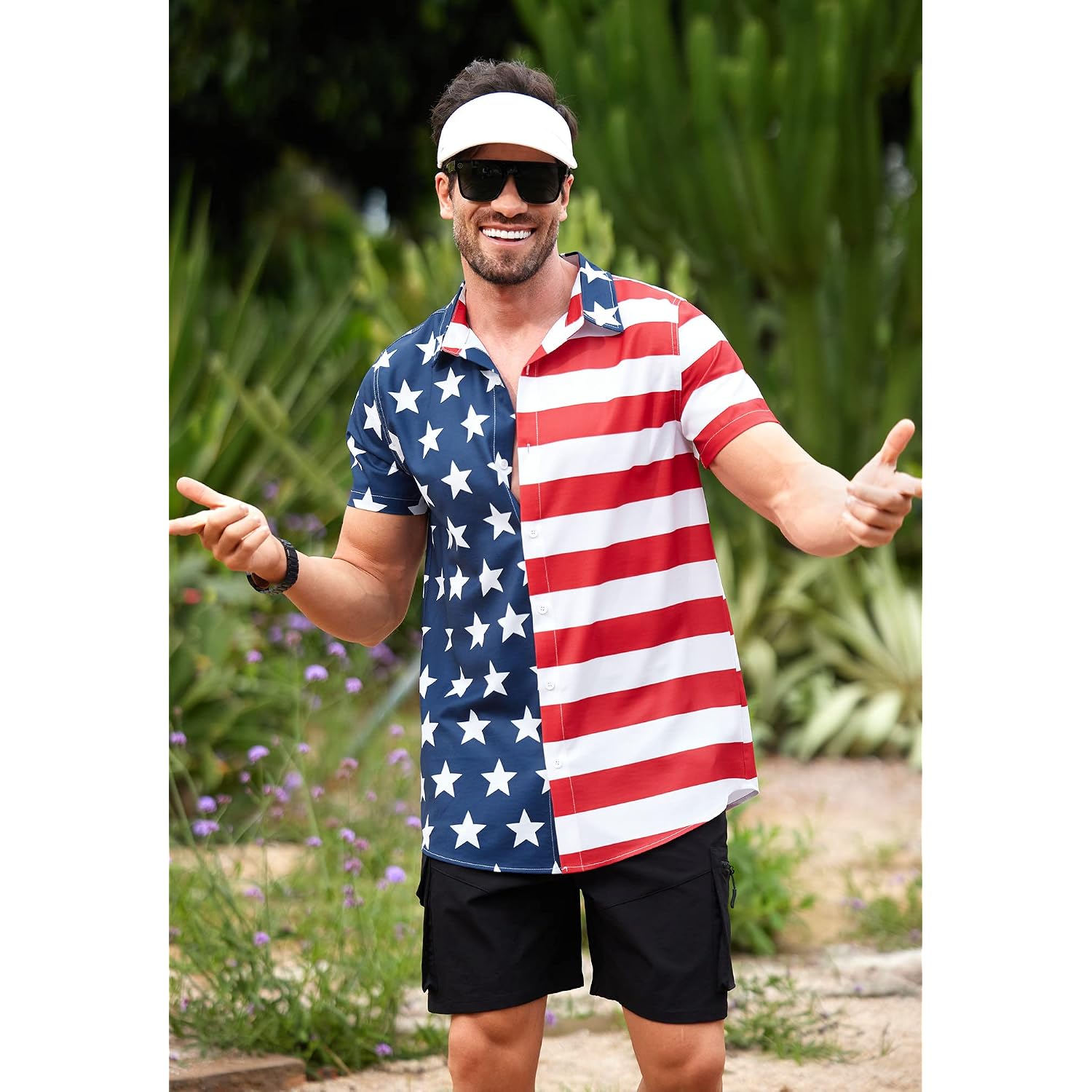 Men American Flag Button Shirt 4Th Of July Short Sleeve Shirts (S-3Xl)