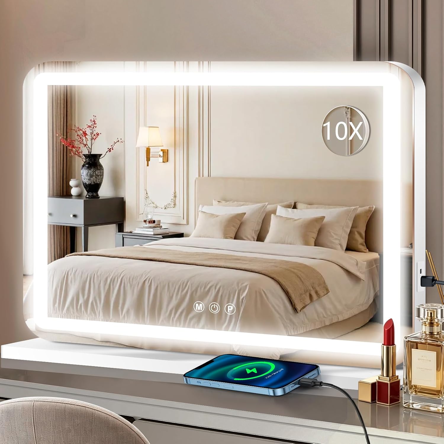 23" X 18" Vanity Mirror With Lights, Led Lighted Makeup Mirror With 3 Color Dimmable Lights, Touch Control, Usb Charging Port, Gifts For Women Wife Teengirls