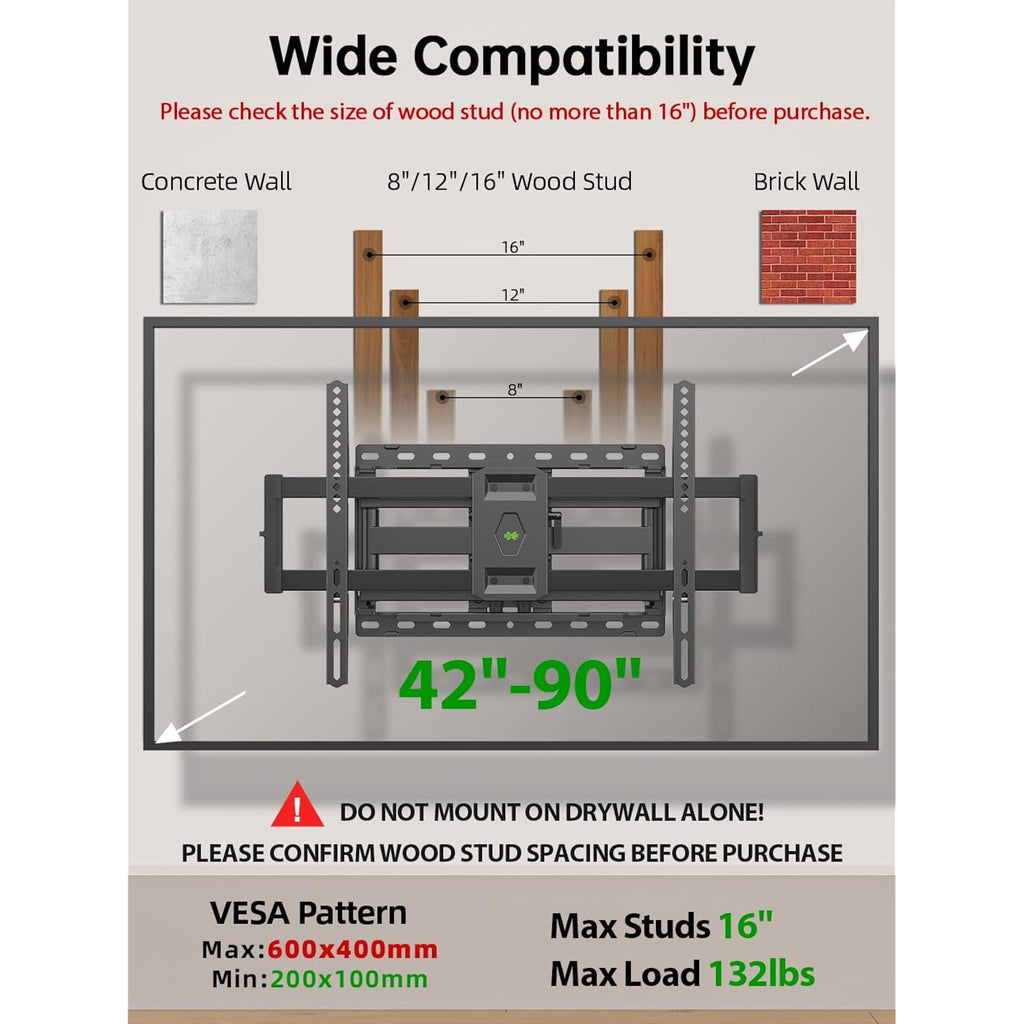 Usx Mount Full Motion Tv Wall Mount For Most 42-90 Inch Flat Screen/Led/4K, Tv Mount Bracket Dual Swivel Articulating Tilt 6 Arms, Max 16" Wood Studs, Vesa 600X400Mm, Holds Up To 132Lbs