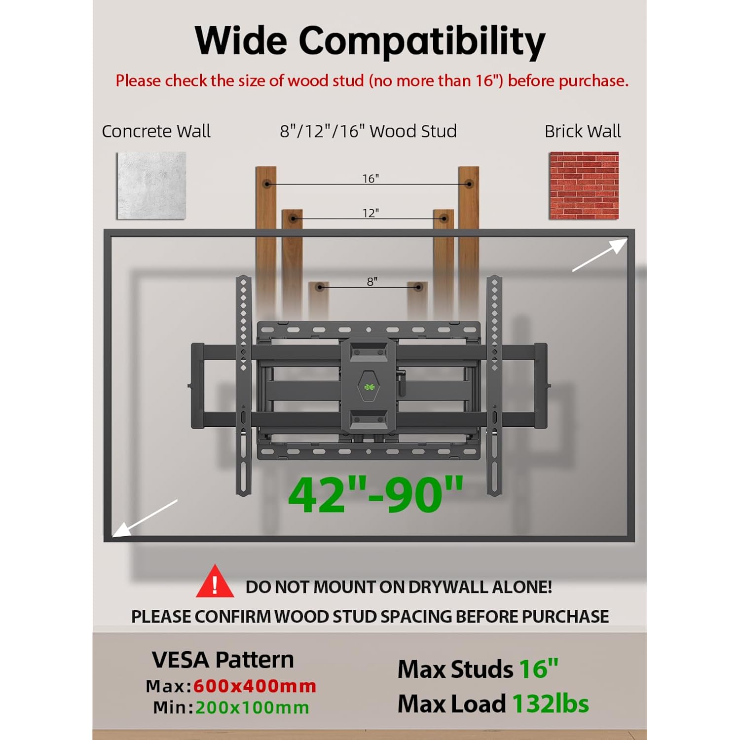 Usx Mount Full Motion Tv Wall Mount For Most 42-90 Inch Flat Screen/Led/4K, Tv Mount Bracket Dual Swivel Articulating Tilt 6 Arms, Max 16" Wood Studs, Vesa 600X400Mm, Holds Up To 132Lbs