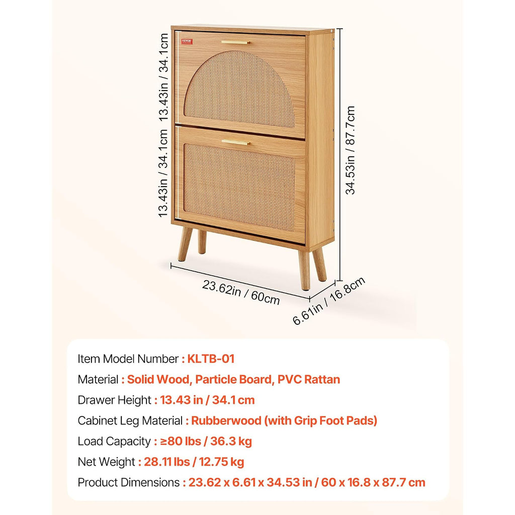 Vevor Shoe Cabinet With 2 Flip Drawers, Shoe Storage Cabinet For Entryway, Free Standing Shoe Storage Organizer With Rattan Doors For Heels, Boots, Slippers In Hallway, Living Room