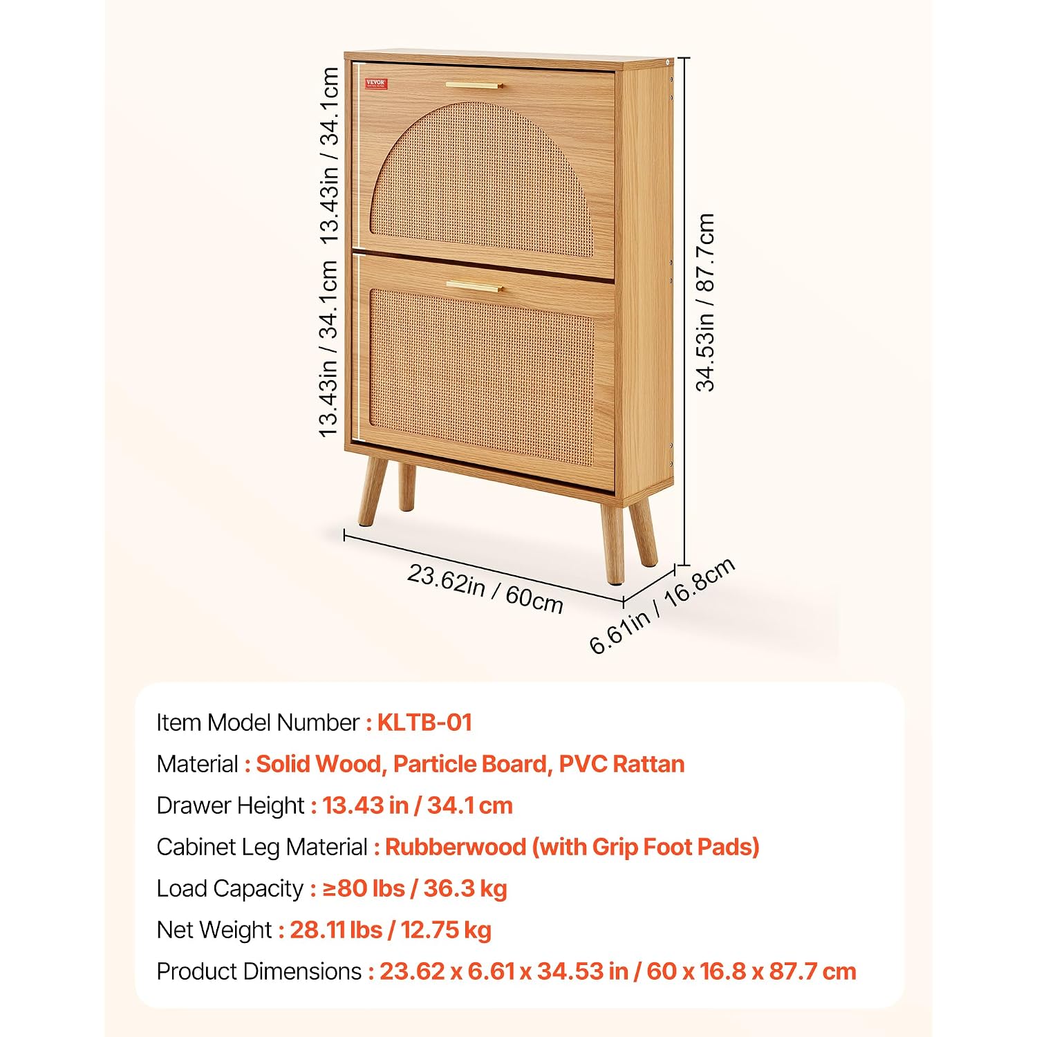 Vevor Shoe Cabinet With 2 Flip Drawers, Shoe Storage Cabinet For Entryway, Free Standing Shoe Storage Organizer With Rattan Doors For Heels, Boots, Slippers In Hallway, Living Room