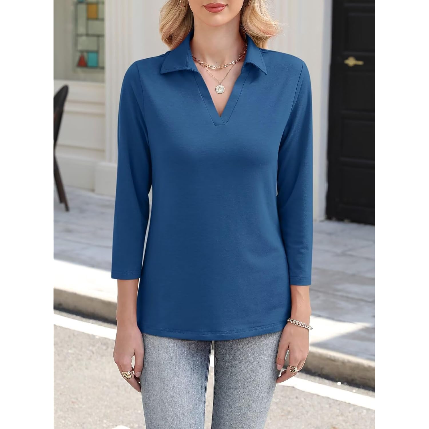 Orandesigne Women'S 3/4 Sleeves V Neck Polo Shirts Casual Summer Tops Basic Collar Cute Tees