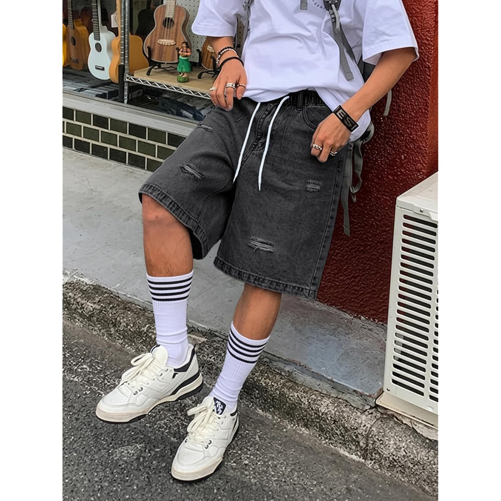 Emmiol Baggy Jean Shorts Men, Y2K Jorts Cargo Ripped Elastic Waist, Mens Denim Shorts Comfy Casual Streetwear Summer