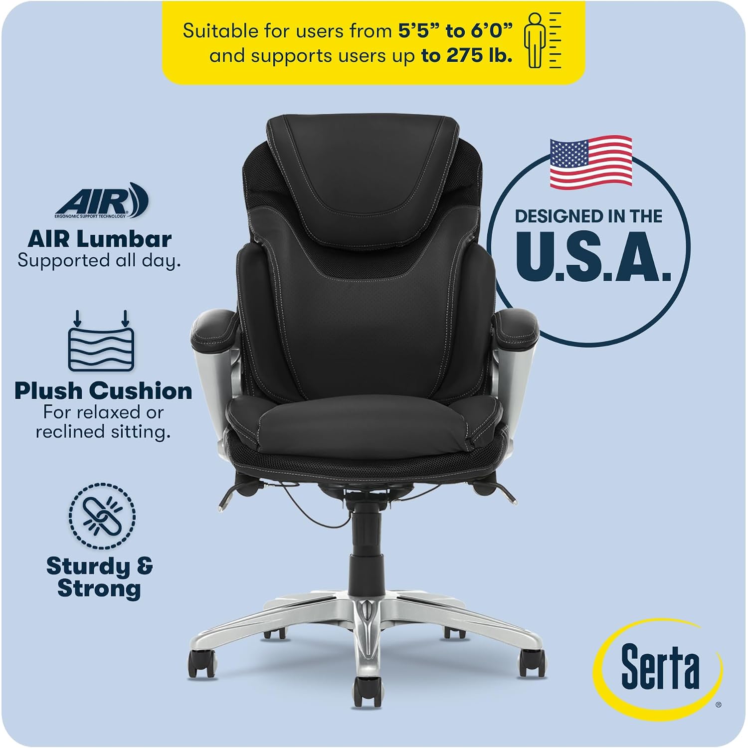 Serta Bryce Executive Office Chair - Ergonomic Computer Deskchair With Lumbar Technology - Adjustable Height - Memory Foam Body Pillows - 360° Swivel Rolling Base - Bonded Leather - Black