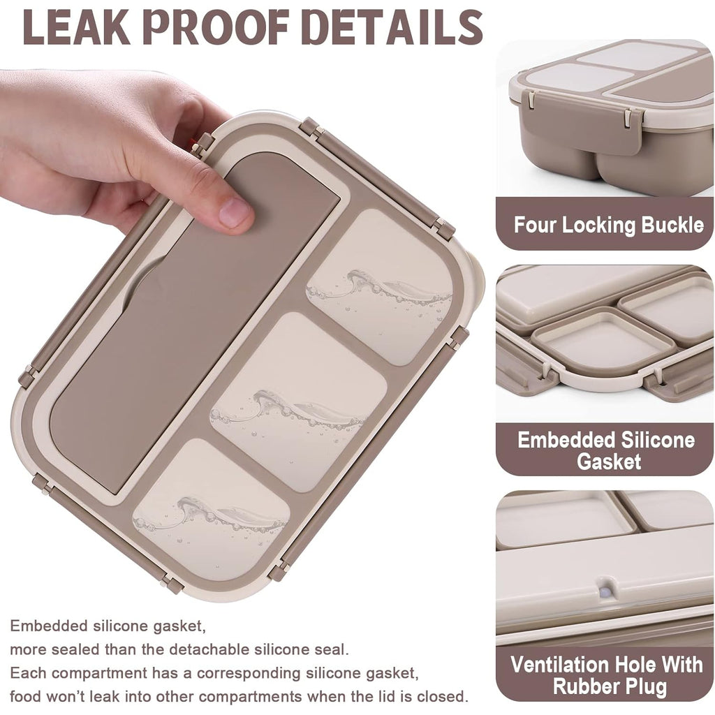 Bento Box Adult Lunch Box, Containers for Adults Men Women with 4 Compartments, Lunchable Food Container with Utensils, Sauce Jar, Muffin Liners, 40 Oz/5 Cup, Microwave & Dishwasher Safe, Brown