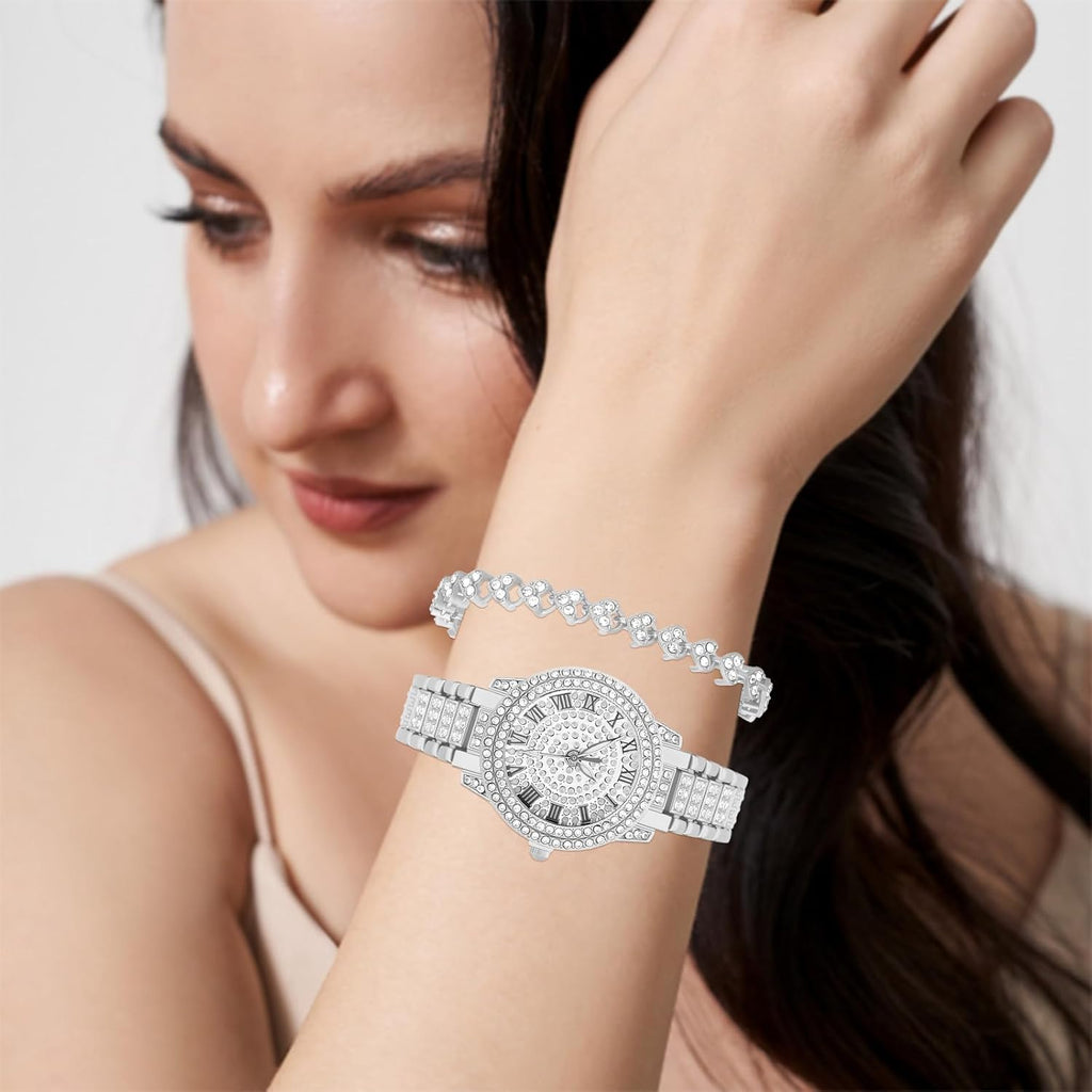 NEWITIN 2 Pieces Women Diamond Watch Bracelet Set Luxury Fashion Jewelry Cubic Zirconia Wristwatch Bracelet Gold Watch Jewelry Set for Women