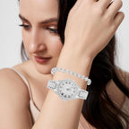 NEWITIN 2 Pieces Women Diamond Watch Bracelet Set Luxury Fashion Jewelry Cubic Zirconia Wristwatch Bracelet Gold Watch Jewelry Set for Women