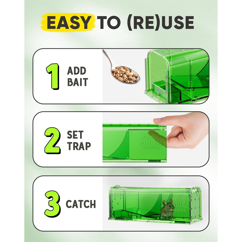 Motel Mouse Humane No Kill Mouse Traps Live Catch & Release - 4 Pack | Water & Food Compartment • Additional Air Holes • Tail Protection • Motel Mouse'S Most Humane Solution • Reusable
