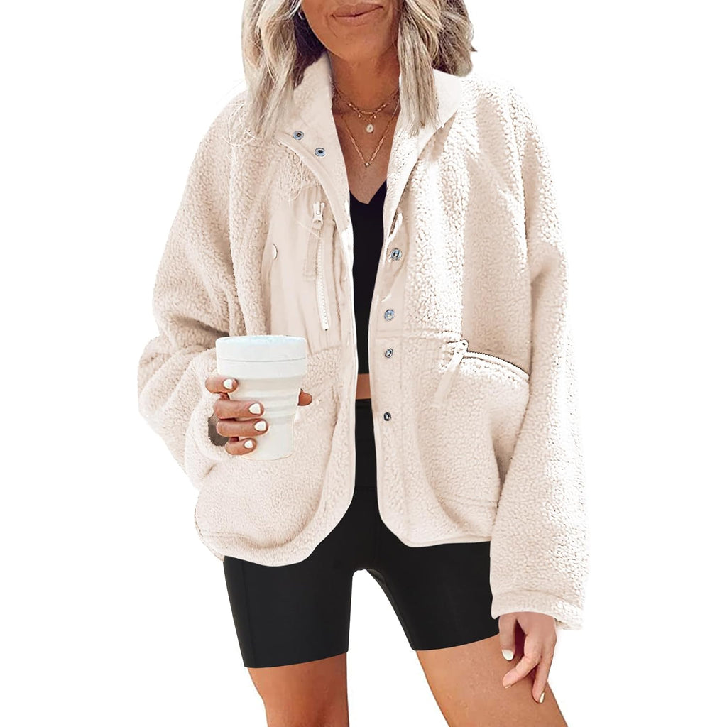 Womens Fuzzy Fleece Jacket Button Down Sherpa Coats Casual Winter Warm Outwear With Pockets