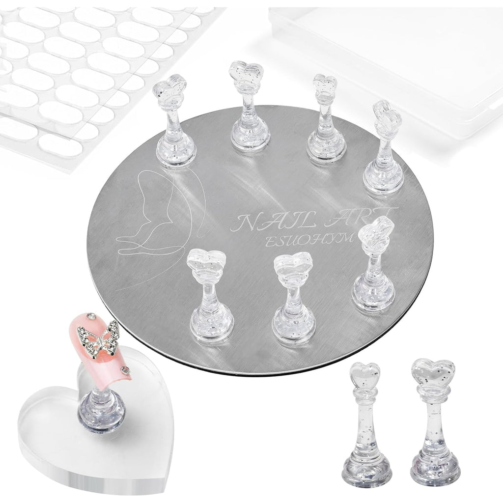 Nail Stands for Press On Nails Painting Display Practice, Powerful Magnetic Nail Tip Holders for Diy Design, Heart Nail Art Stand with 200 PCS Double-Sided Tapes Home Salon Use (Silver)