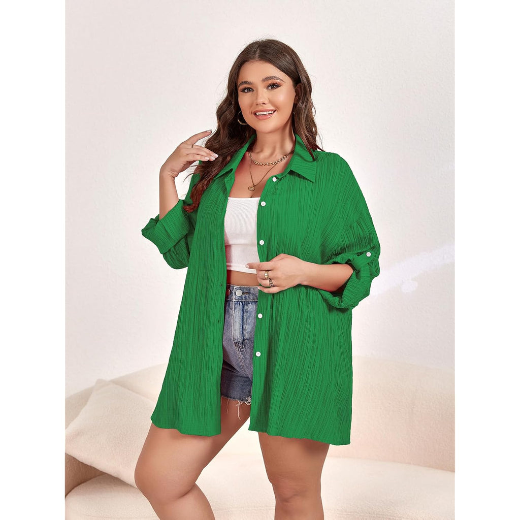 Scomchic Women Plus Size Button Down Shirts Long Roll Up Sleeve V Neck Collared Casual Blouses Oversized Shirt Tops