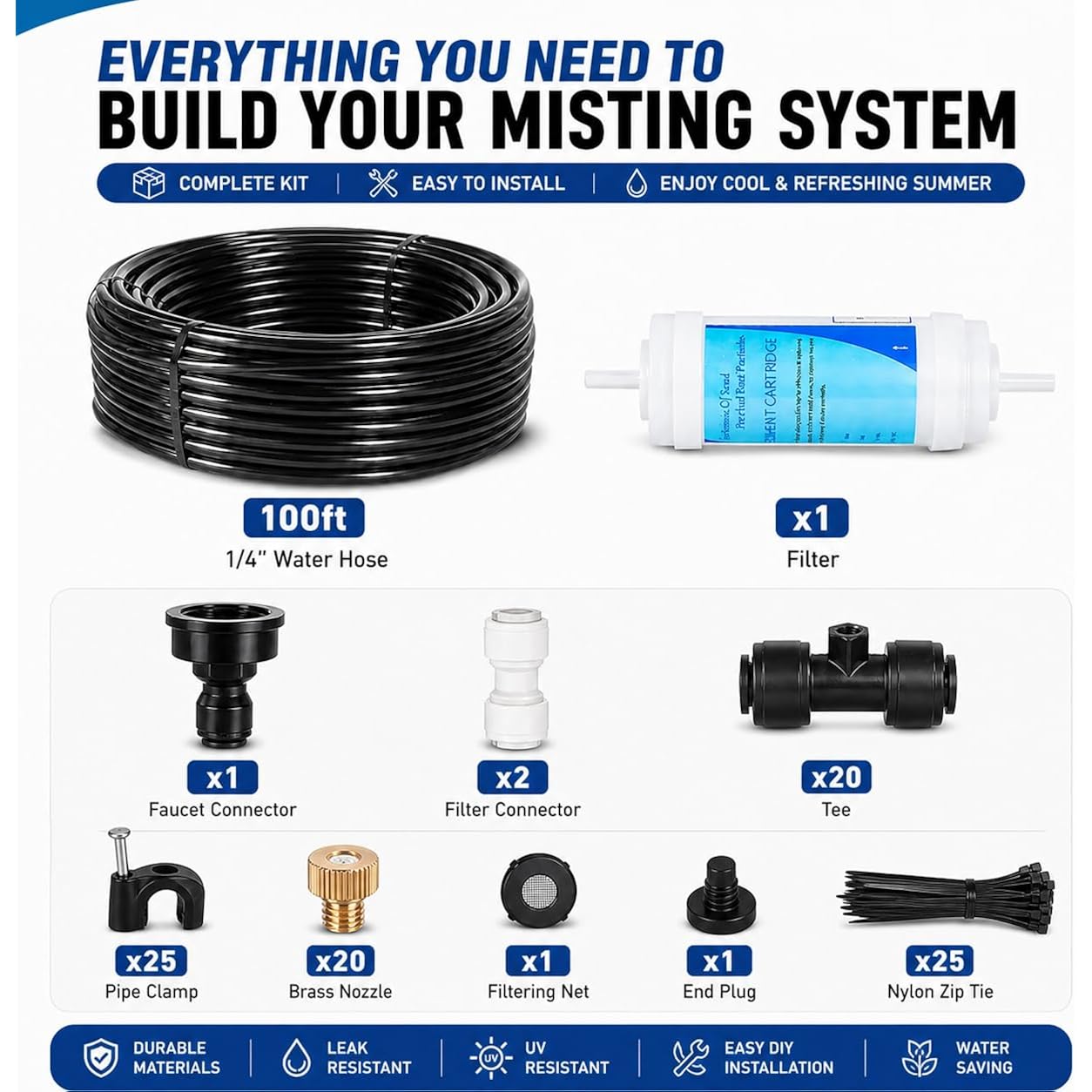 100Ft Misters For Outside Patio, Outdoor Misting Cooling System With 20 Brass Nozzles & Filters, Diy Misting Kit For Backyard Garden Greenhouse Deck Umbrella Canopy Pool Porch Trampoline