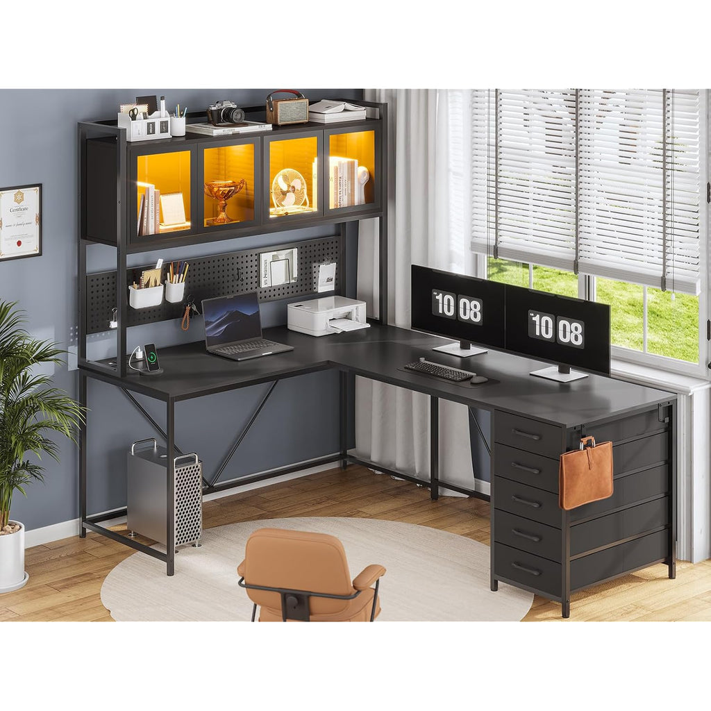 Sedeta L Shaped Gaming Desk With Drawers, L Shaped Computer Desk With Hutch And Storage Shelves, Gaming Desk With Pegboard, Led Lights, And Power Outlet, Home Office Desk, Corner Desk, Black