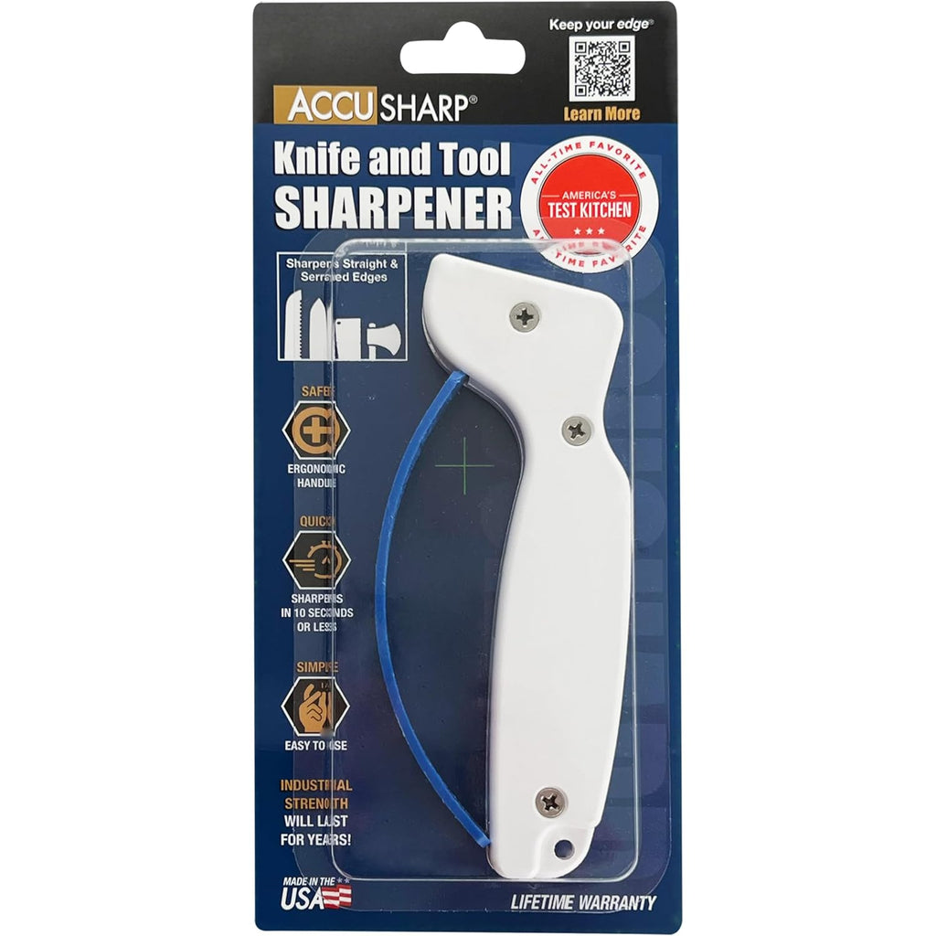 Accusharp Knife Sharpener, Ergonomic Comfortable Handle, Compact & Easy To Use, Restore And Hone Straight & Serrated Knives, White