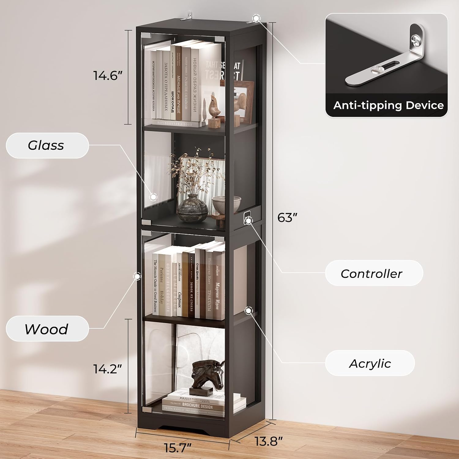 Brottar Glass Display Cabinet, 4-Tier Curio Cabinets With 3 Color Lights For Collectibles, Storage Cabinet With Door, Glass Display Case & Bookcase With Human Body Sensor, Black
