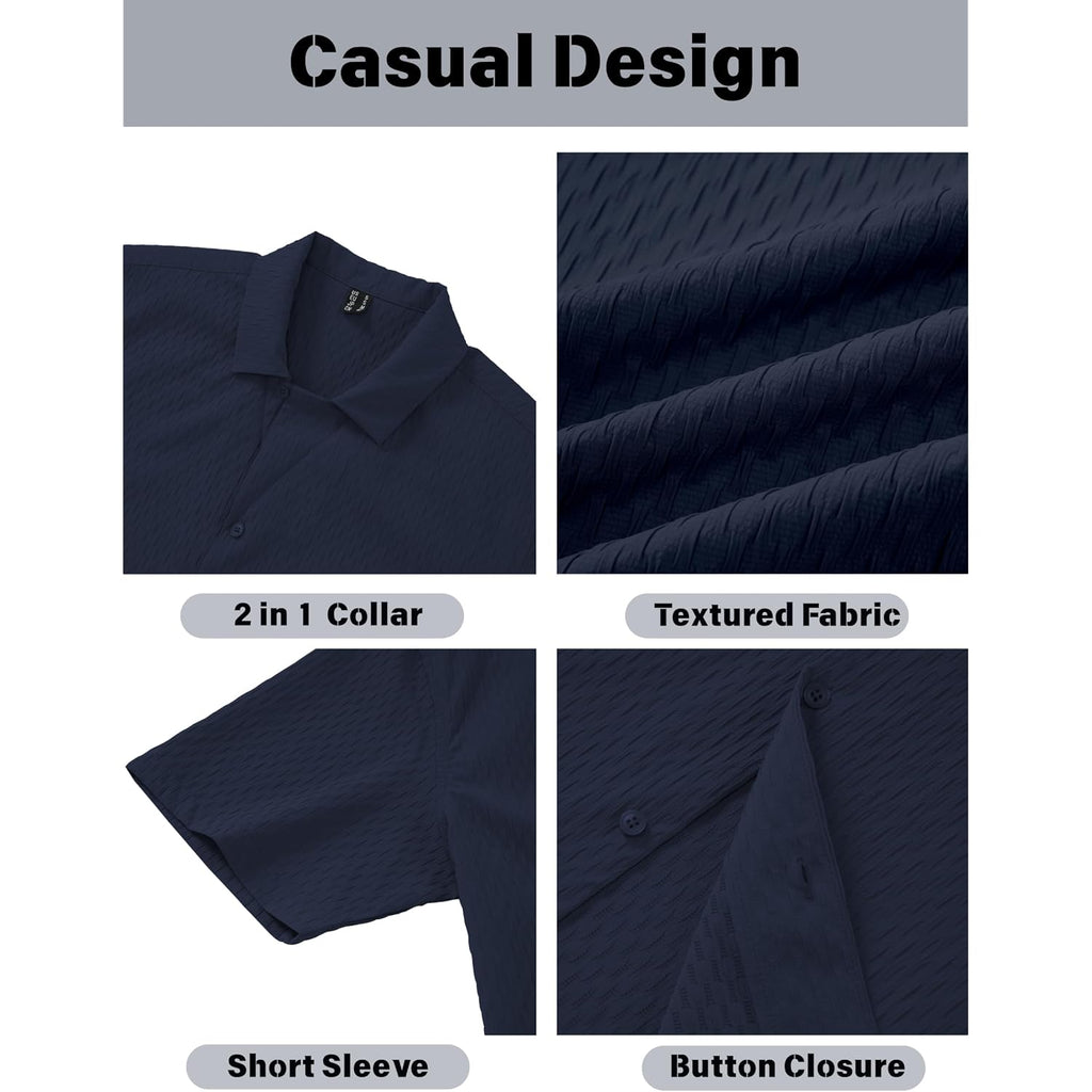 Eklentson Mens Button Down Shirt Short Sleeve Textured Cuban Shirts Lightweight Breathable Summer Beach Casual Shirt
