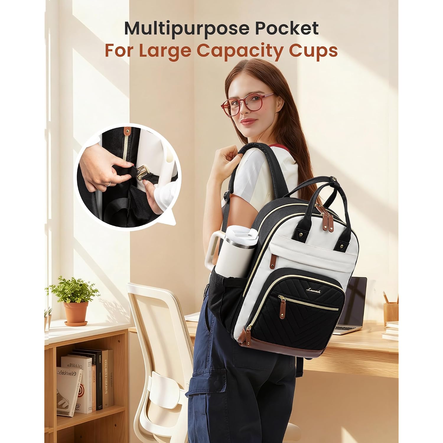 Lovevook Laptop Backpack Women With Giant Tumbler Holder,15.6 Inch Waterproof Work Travel Backpack Computer Laptop Bag,Cute College Nurse Teacher Backpack Purse,Gifts For Women & Men,Beige-Black-Brown