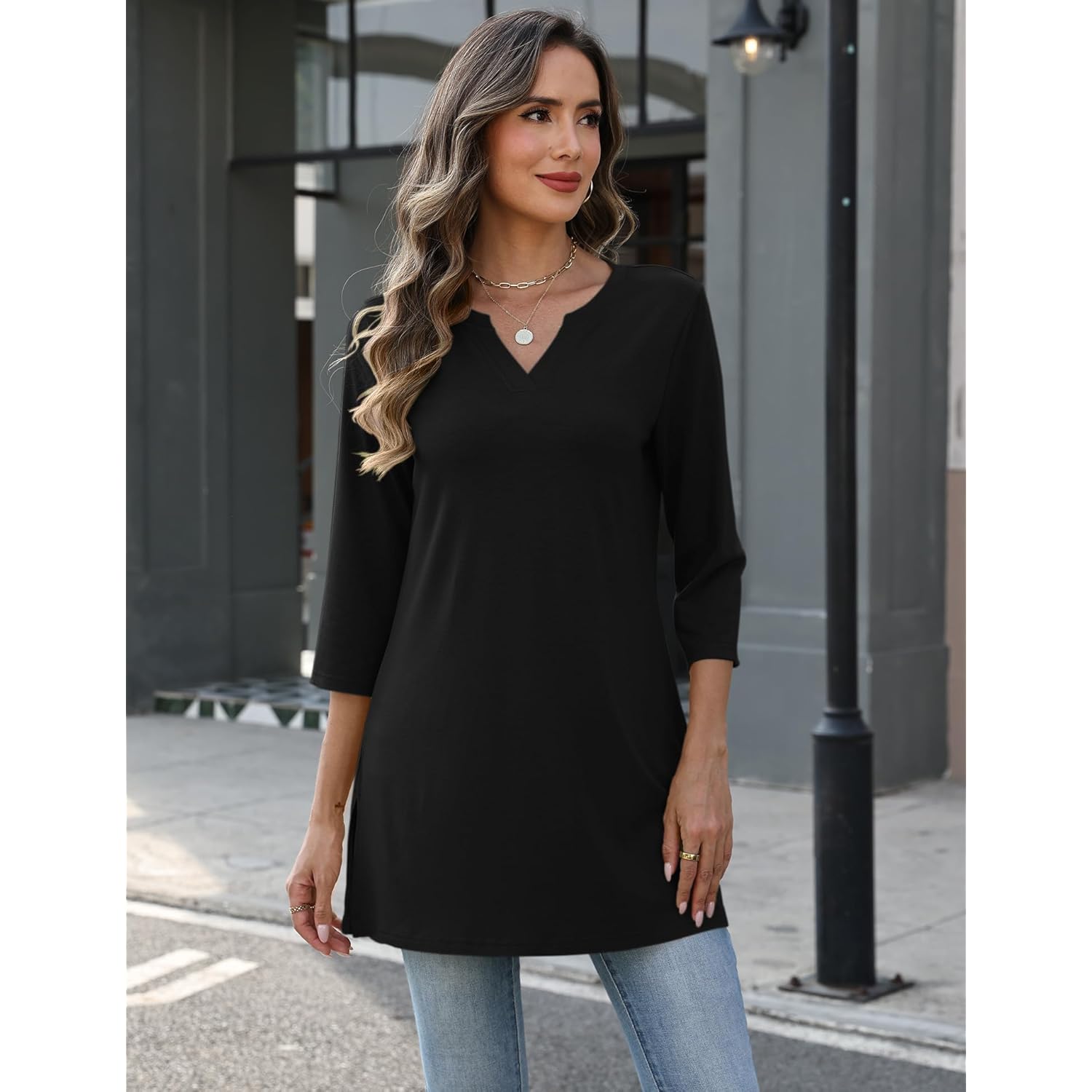 3/4 Length Sleeve Womens Tops Dressy Casual Plus Size V Neck Tunics to Wear with Leggings Side Slit Shirt