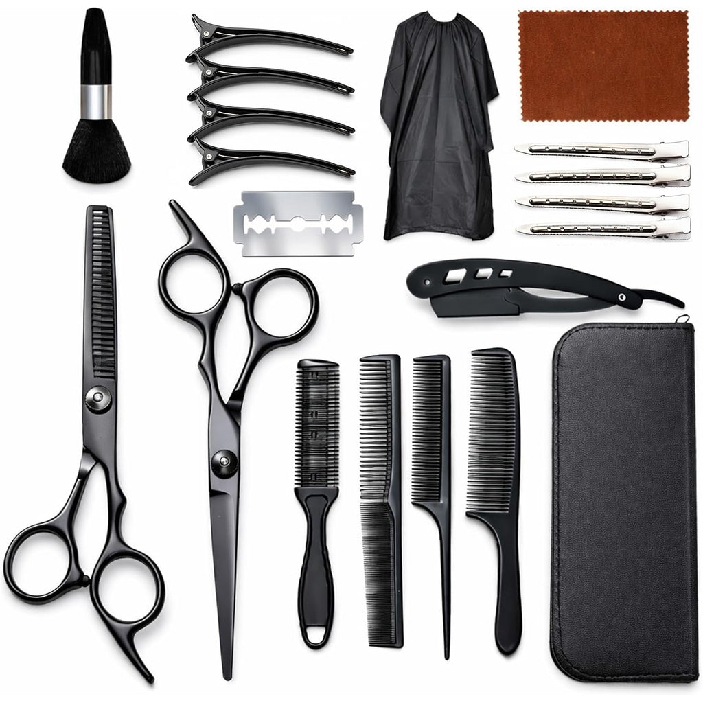 Hair Cutting Scissors & Shears Kit - 20-Piece Professional Hairdressing Tools Set For Barber Salon Home Thinning Scissors, Straight Razor, Comb, Clips, Cape, Hair Styling & Trimming For Men Women Kids