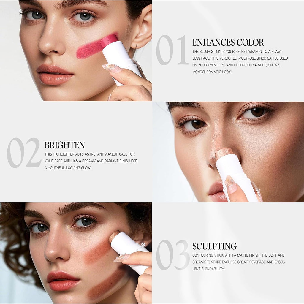 Bayfree 3 Pcs Makeup Cream Contour Stick Set, Highlighter Stick & Bronzer Stick & Blush Stick, Long Lasting, Natural Face Contour, Dewy & Matte Finish, Multi Stick Trio For All Skin