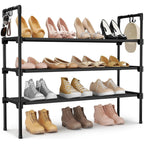 3 Tier Shoe Rack For Closet, Shoe Organizer With 5 Hooks, Long Shoe Shelf Storage For Sneaker And Boot Stackable Free Standing Shoe Rack For Entryway, Garage, Small Spaces, Dorm