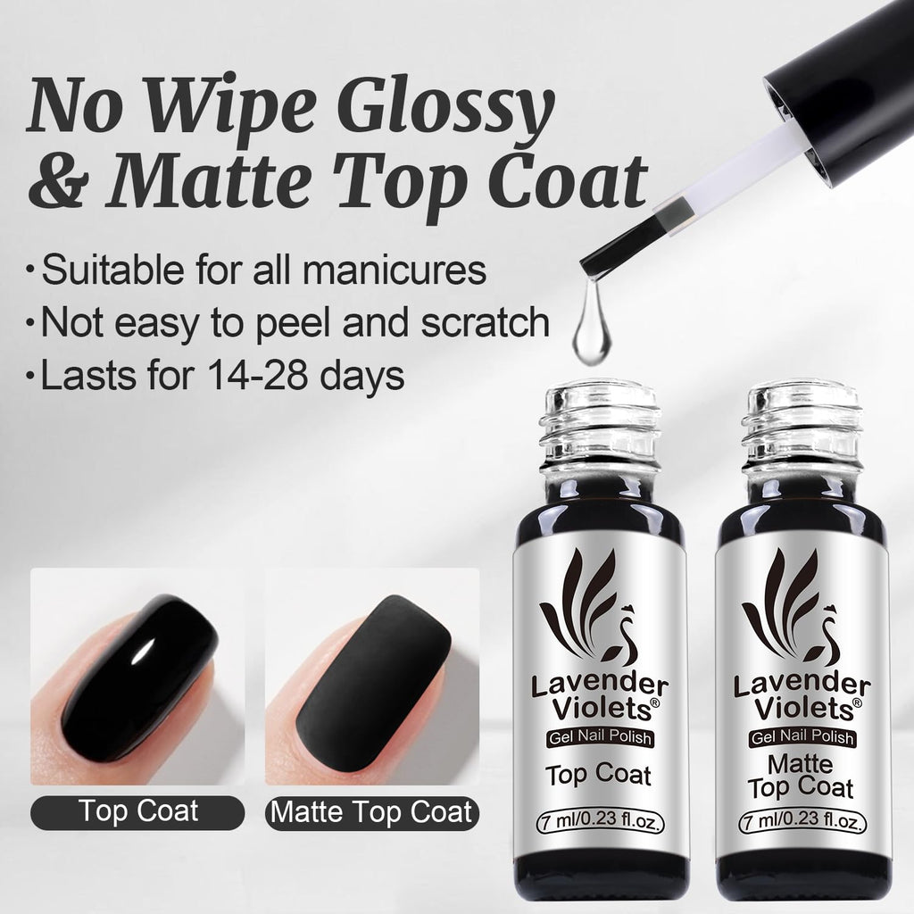 Lavender Violets 6pcs Gel Base and Top Coat Set - Blooming Gel, Glow in the Dark Top Coat, Glossy & Matte Coats, 5 in 1 Builder Base, Non-Acid PH Bond Clear Nail Polish Kit for Manicure C201