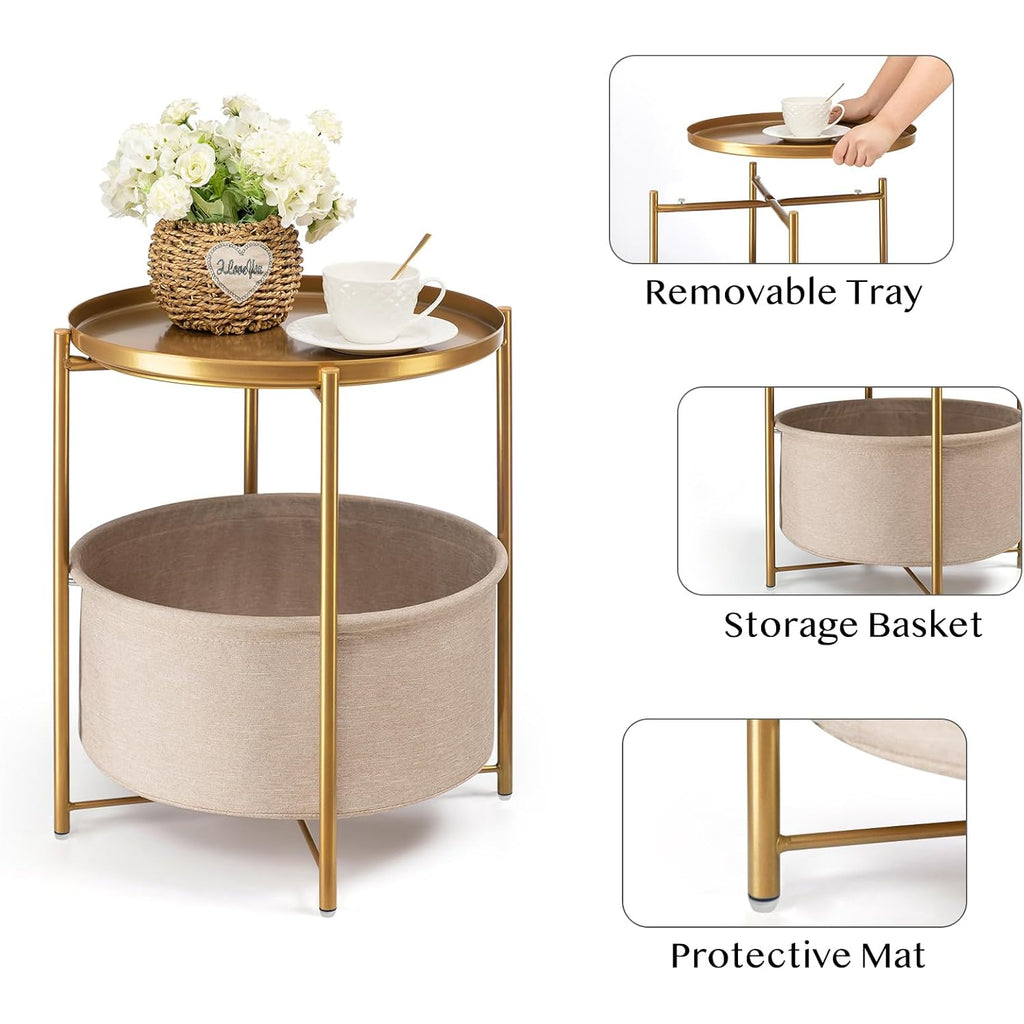 Gold Side Table With Basket, Small Round Table For Living Room | Metal Modern Nightstand For Small Space, Bedroom, Nursery, Accent Metal Stand With Removable Serving Tray, 20.47 In Tall