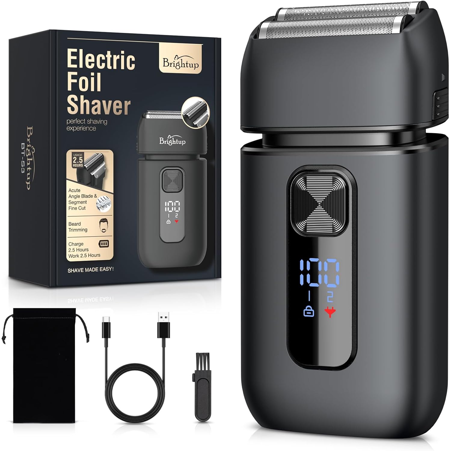 Brightup Electric Foil Shavers for Men - Smooth & Close Electric Razor for Men with Pop Up Trimmer - Wet Dry Shaving/Travel Lock/LED Display/IPX6 Waterproof