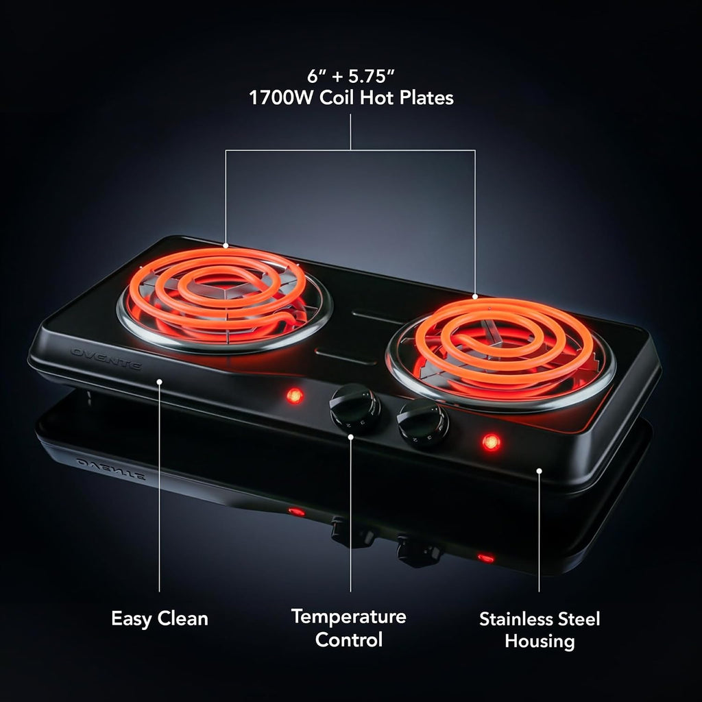 Ovente Electric Countertop Double Burner, 1700W Cooktop With 6" And 5.75" Stainless Steel Coil Hot Plates, 5 Level Temperature Control, Indicator Lights And Easy To Clean Cooking Stove, Black Bgc102B