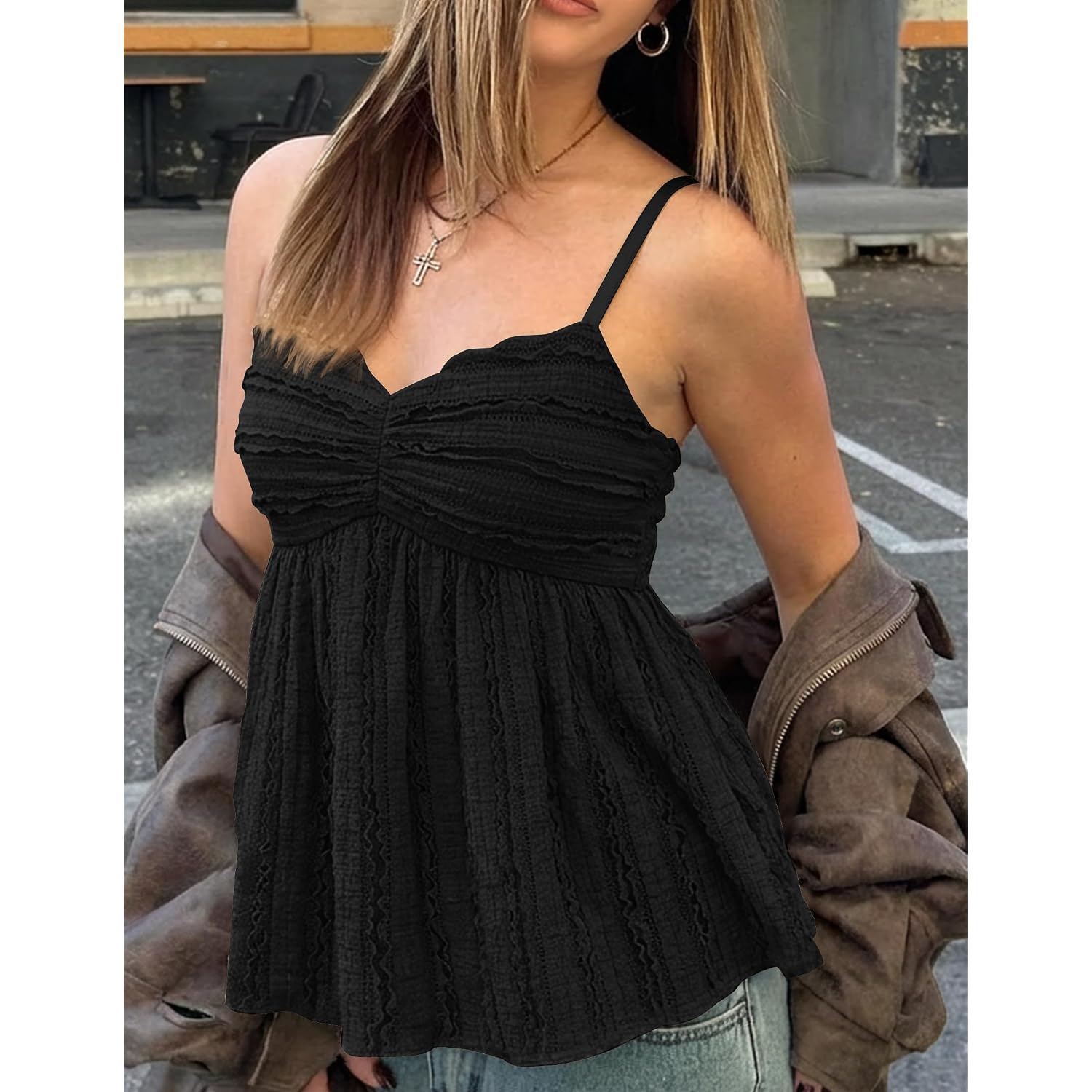 Zesica Womens Summer Spaghetti Strap Tank Tops 2026 Trendy Going Out Sleeveless V Neck Flowy Y2K Cami Top Fashion Outfits