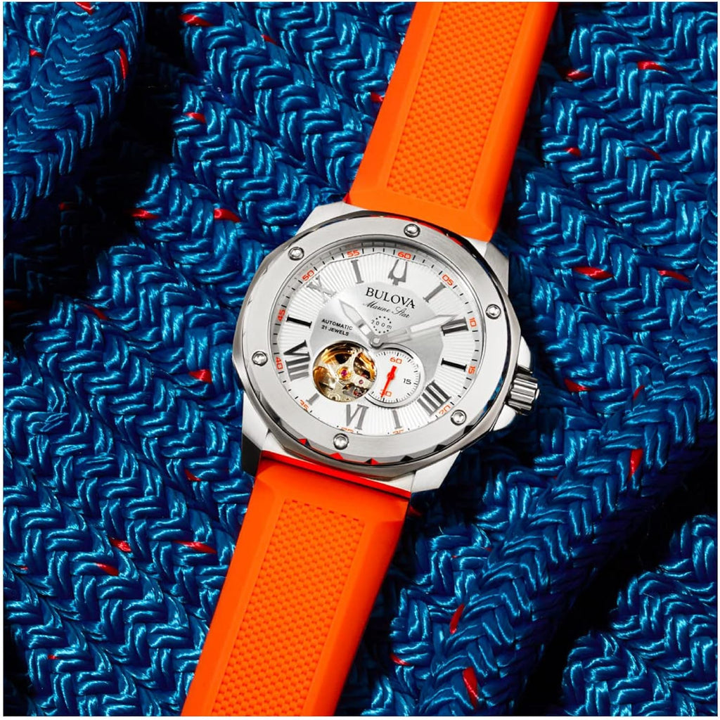 Bulova Men'S Marine Star 'Series A' Automatic Watch With Orange Silicone Strap Style: 98A226