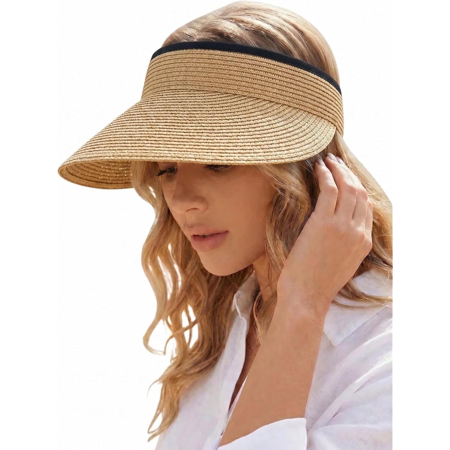 Sun Visor Hat for Women Summer Beach Vacation Essential Ponytail Friendly Travel Foldable Packable UPF 50+