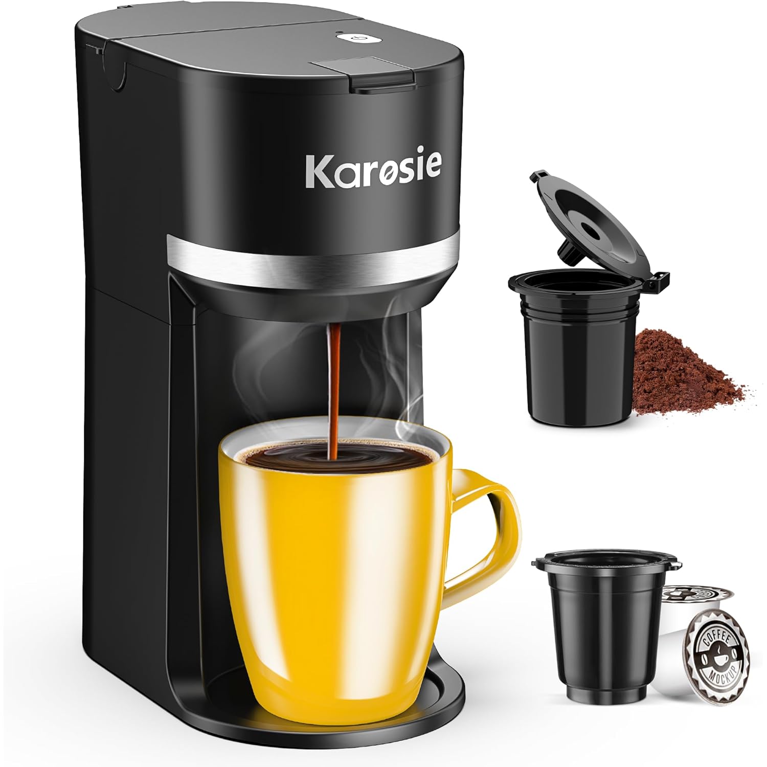 Single Serve Coffee Maker for K-Cup and Grounds, Fast Brew, 6-12 oz Brew Sizes Single Cup Coffee Maker Fits 5.5" Mugs, One-Button Small Coffee Maker, Descaling Reminder,Black,9.45 Inches