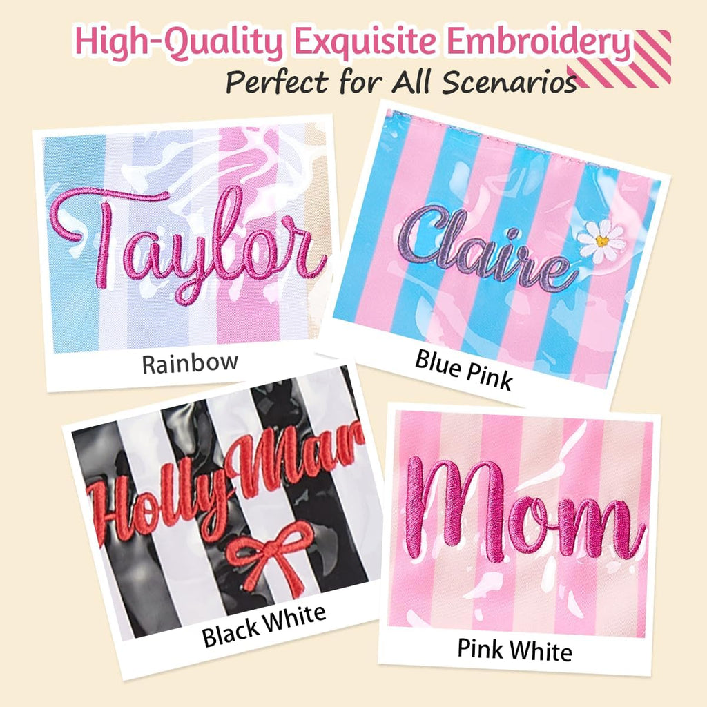 Personalized Jelly Striped Pvc Tote Bag For Women, Custom Waterproof Stylish Plastic Glossy Bag For Beach Pool Large Plaid Letters Print Hobo Handbag For Summer Vacation Travel, Girls Trip Gift