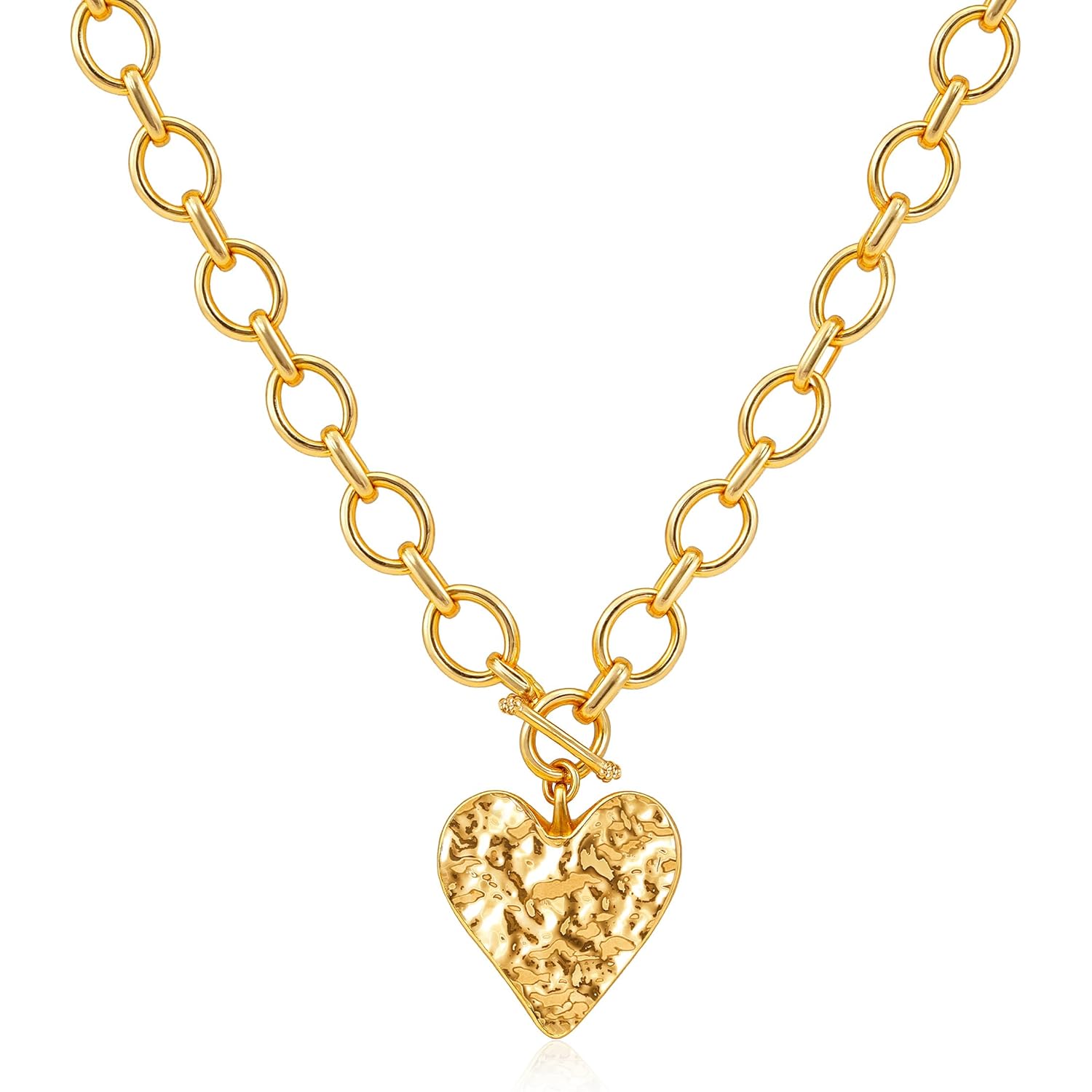 Robaice Mothers Day Gifts Chunky Gold Heart Necklace for Women，14K Gold Plated Chunky Heart Pendant Bold Chain Necklace with Toggle Clasp，Waterproof Non Tarnish Hypoallergenic Chunky Statement Jewelry Gift for Women